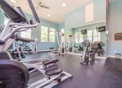 Thumbnail 10 of 31 - a gym with cardio machines and weights on the floor