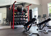 Thumbnail 10 of 32 - A gym with a variety of equipment including a weight rack and a bench.