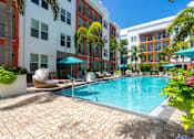 Thumbnail 18 of 25 - 3-Bedroom Apartments in Tampa, FL - Havana Square - Modern Resort-Style Swimming Pool with Umbrellas, Lounge Seats, Plants, and Palm Trees.