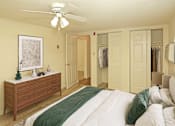 Thumbnail 24 of 49 - A bedroom with a bed, dresser, and closet.