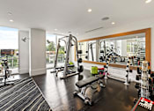 Thumbnail 59 of 72 - A gym with a mirror, weights, and cardio equipment.