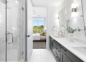 Thumbnail 59 of 80 - A bathroom with a walk-in shower, a vanity with a mirror, and a view of a backyard through the door.