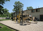 Thumbnail 13 of 27 - A playground with a yellow slide and a yellow and black climbing structure.