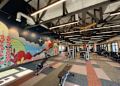 Thumbnail 41 of 43 - A gym with a colorful mural on the wall.