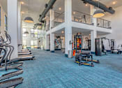 Thumbnail 11 of 29 - A gym with a blue carpet and various exercise equipment.