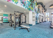 Thumbnail 12 of 29 - A gym with a variety of equipment including treadmills, weights, and a flat screen TV.