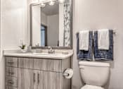 Thumbnail 22 of 29 - A bathroom with a white toilet and a mirror above a sink.
