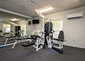 Thumbnail 23 of 30 - A home gym with a weight bench, barbell, and dumbbells.