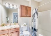 Thumbnail 9 of 29 - a bathroom with a shower toilet and sink and a mirror