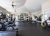 Thumbnail 14 of 29 - A spacious gym with a variety of equipment including treadmills, elliptical machines, and weights.