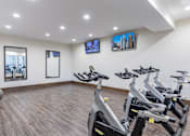 Thumbnail 13 of 36 - A room with a row of stationary bikes and a TV on the wall.