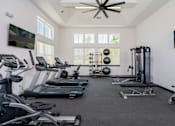 Thumbnail 41 of 49 - A spacious home gym with treadmills, exercise balls, and weightlifting equipment.