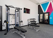 Thumbnail 42 of 49 - A gym with a variety of equipment including a squat rack, a leg press machine, and a bench with dumbbells.