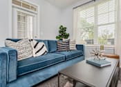 Thumbnail 16 of 49 - A blue velvet couch with a striped pillow and a green plant on a coffee table.