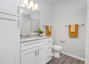 Thumbnail 23 of 49 - A bathroom with a white toilet, sink, and cabinets.