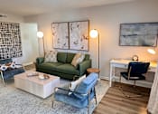 Thumbnail 11 of 38 - A living room with a green couch, a blue chair, and a wooden coffee table.
