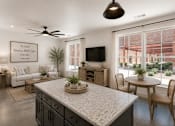 Thumbnail 18 of 40 - A modern kitchen with a large island and a dining table set up.