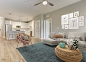 Thumbnail 10 of 31 - A modern living room with a wooden floor and a grey sofa.