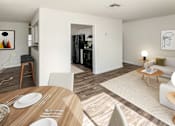 Thumbnail 3 of 30 - A modern dining room with a wooden table set for two.