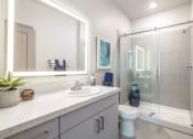 Thumbnail 9 of 23 - Apartments for Rent in Daytona Beach, FL - Madison Pointe - Bathroom with LED Vanity Mirror, Glass Shower Sliding Doors, and Granite-Style Sink.