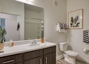 Thumbnail 25 of 49 - A bathroom with a white toilet and a mirror above the sink.