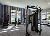 Thumbnail 14 of 49 - A gym with a variety of equipment including a treadmill, a stationary bike, and a weight machine.