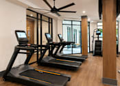 Thumbnail 18 of 40 - A gym with treadmills and a ceiling fan.