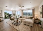 Thumbnail 2 of 35 - A living room with a white couch, a coffee table, and a ceiling fan.