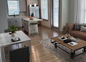 Thumbnail 12 of 27 - A modern living room with a dining table and a sofa.