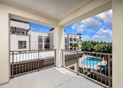 Thumbnail 27 of 42 - A balcony with a pool and buildings in the background.