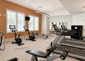 Thumbnail 11 of 31 - A gym with a variety of exercise equipment including treadmills, stationary bikes, and weight machines.
