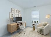 Thumbnail 19 of 28 - A room with a chair, desk, and a lamp.