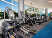 Thumbnail 6 of 14 - a gym with cardio equipment and a large window with a view of the ocean at Regatta at New River, Fort Lauderdale, FL