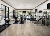 Thumbnail 4 of 33 - A gym with a variety of equipment including treadmills, stationary bikes, and weight machines.