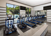 Thumbnail 5 of 33 - A gym with treadmills and elliptical machines.