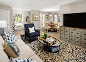 Thumbnail 16 of 33 - A living room with a blue chair and a patterned rug.