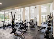 Thumbnail 12 of 36 - Luxury Apartments Near Emory University Hospital Midtown, Midtown Atlanta, GA  - Trace Midtown -  Fitness Studio With Free Weights, Cardio Equipment, Strength Training Machines, High Ceilings, Ceiling Fan, and Large Windows.