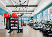 Thumbnail 12 of 24 - A gym with a row of treadmills and a rack of exercise equipment.