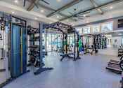 Thumbnail 12 of 40 - A spacious gym with a variety of equipment including a squat rack, bench press, and a rowing machine.
