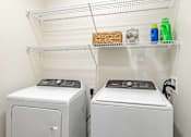 Thumbnail 9 of 40 - Two front loading washing machines in a laundry room.