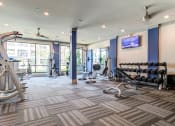 Thumbnail 14 of 49 - a gym with weights and other exercise equipment in a building with glass doors