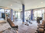Thumbnail 12 of 49 - a gym with cardio machines and weights on the floor and windows