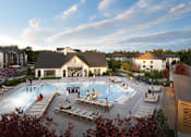 Thumbnail 21 of 24 - A group of people are gathered around a pool in a resort.