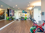 Thumbnail 13 of 30 - A red exercise bike is in a room with a mirrored wall and exercise balls at Saba Pompano Beach, Pompano Beach, 33062