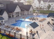 Thumbnail 25 of 29 - an aerial view of an apartment complex with a pool and people in it