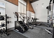 Thumbnail 17 of 24 - A gym with a variety of equipment including a treadmill, rowing machine, and weights.
