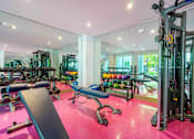 Thumbnail 12 of 22 - 1-Bedroom Apartments in Tampa, FL - Society Westshore - Fitness Center with Free Weights, Workout Benches, Strength Training Machine, and Mirror Walls.