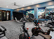 Thumbnail 14 of 24 - A gym with exercise equipment and a fan.