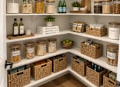 Thumbnail 36 of 56 - A pantry with white shelves and baskets.