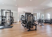 Thumbnail 7 of 56 - A spacious gym with a variety of equipment including treadmills, weights, and exercise machines.